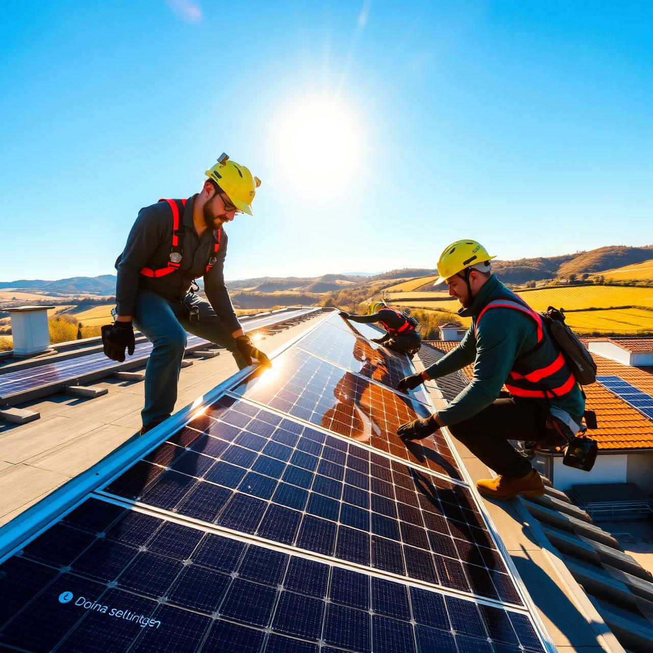 Solar4Europe installers mounting photovoltaic panels on a European rooftop